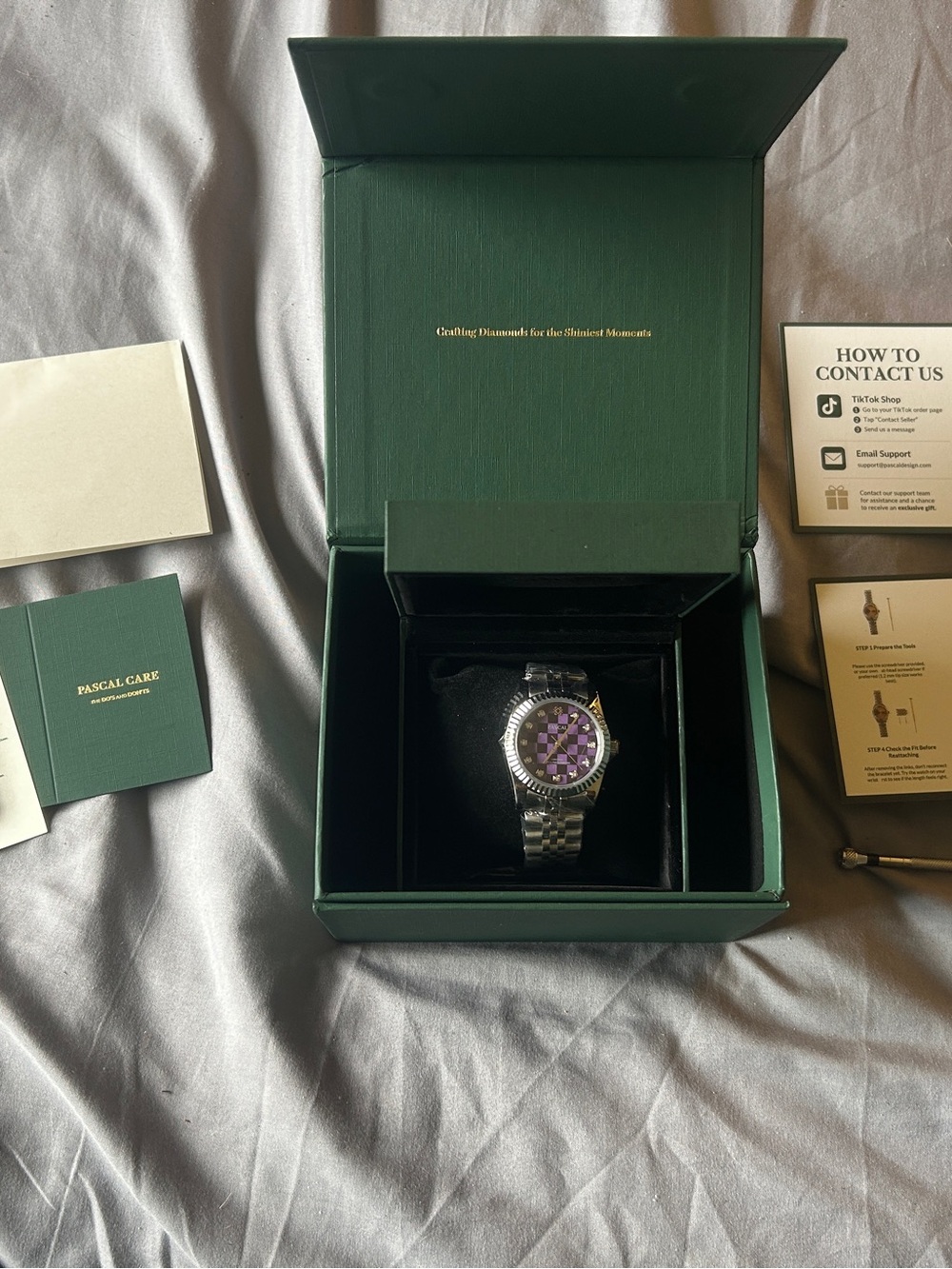 Unisex Pascal Silver Bracelet Watch with Lab Diamonds Purple Dial